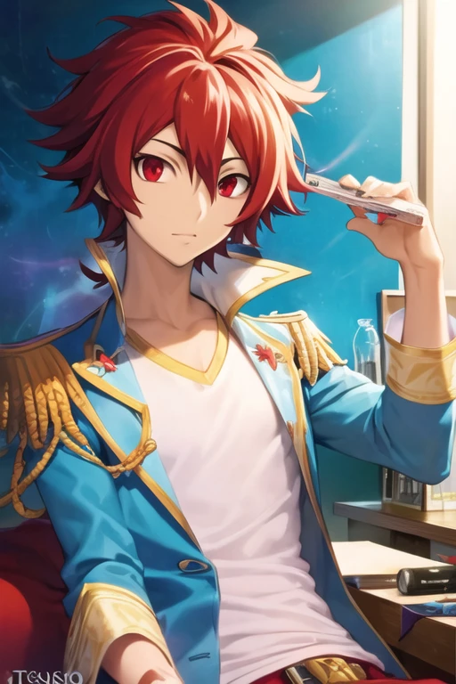 masterpiece, best quality, illustration, 1boy, solo, male focus, looking at viewer, upper body, , <lora:takuto_tsunashi:0.68>, takuto_tsunashi, red hair, red eyes, , , soft science fiction, HD-DVD