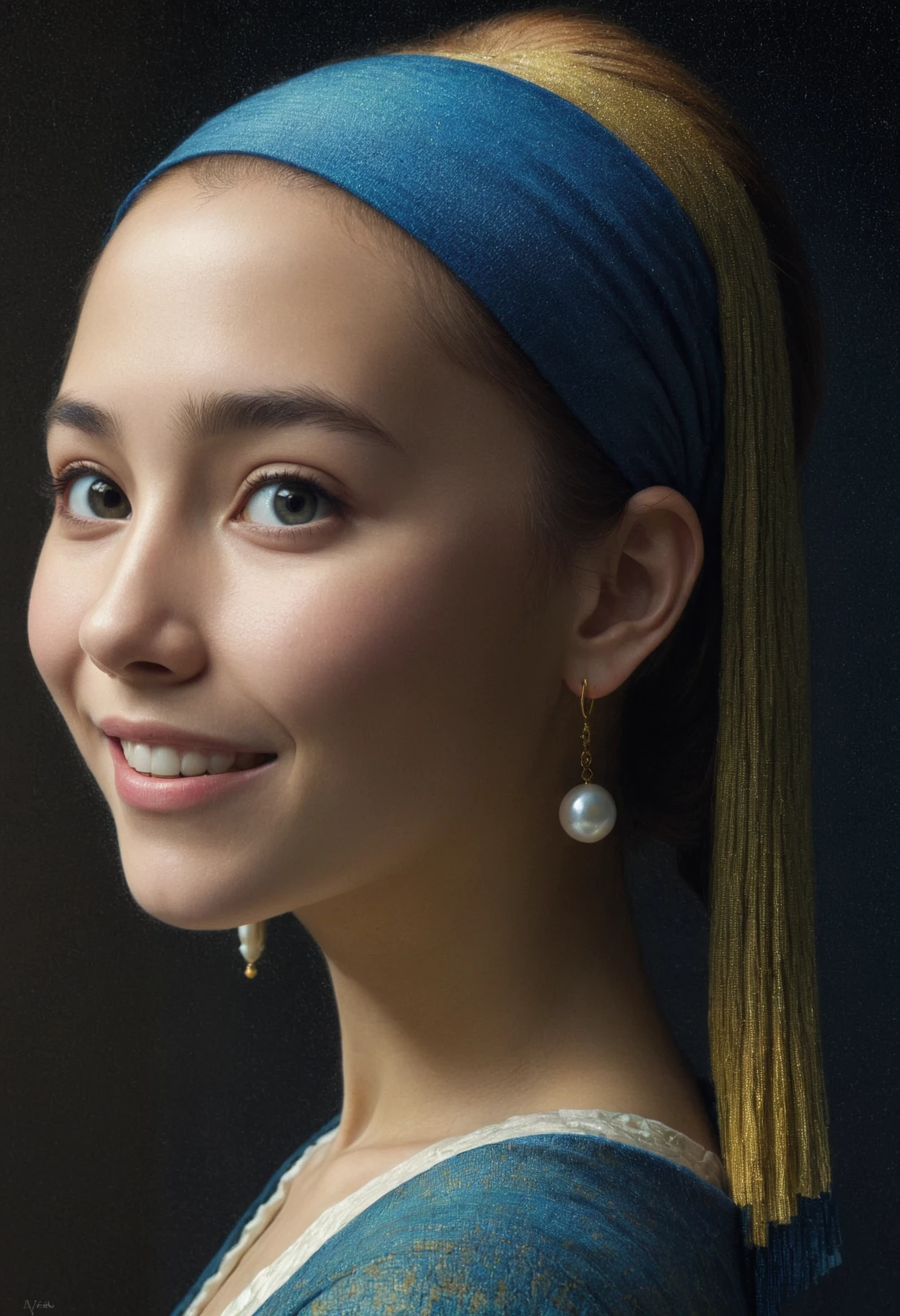 art by Henri Le Sidaner, (art by Shotaro Ishinomori:1.1) , VRay, Kawasaki, Illustration, Hopeful, spotlight, 800mm lens, in the style of girl with the pearl earring, Pixel Art pixelated pixel pixel James Peaslee and by Pixar, extremely content happy smile
