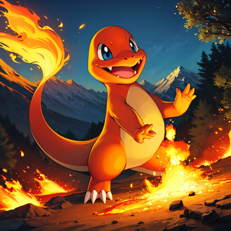 ((masterpiece,best quality)), absurdres,
<lora:Charmander_Pokemon:0.7>, Charmander_Pokemon,   flame-tipped tail, pokemon_\(creature\),
full_body, facing viewer, looking at viewer,
embers, explosion, fangs, swirling flames,
mountain, nature, no_humans,  outdoors,  sky, tree