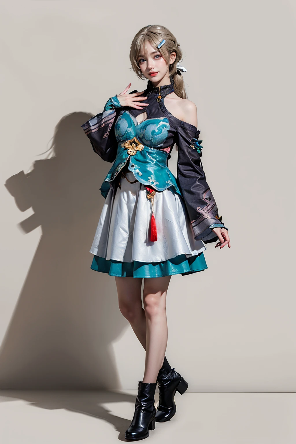 best quality, masterpiece, realistic, (photorealistic:1.4), 1girl, solo, full body, looking at viewer, smile, standing, qingque cosplay costume, cosplay, short dress, detached sleeves, hair ornament, hairclip, wide sleeves, ankle boots, hand up, simple background, wall, night, <lora:Honkai_StarRail_Qingque_costplay_costume_v1:0.65>
