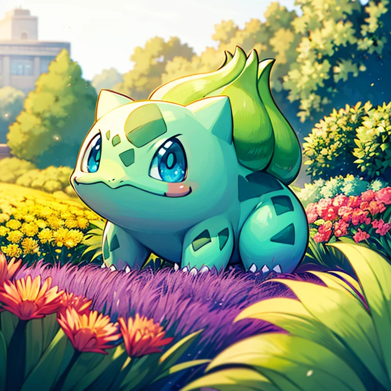 centered, award winning photo, (looking at viewer:1.2), | Bulbasaur_Pokemon, |garden, flowers, | bokeh, depth of field, cinematic composition, | <lora:Bulbasaur_Pokemon:0.8>