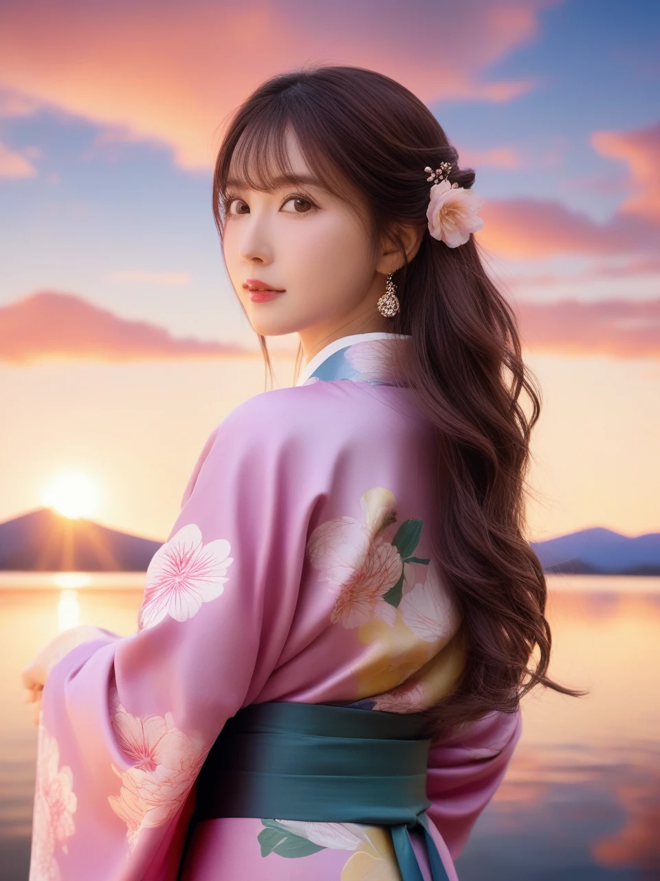 ethereal fantasy concept art of  Cinematic Lighting,available light,incredibly absurdres,
1girl,blush,
<lora:ssyy_SDXL_2_reg_:1>,ssyy,
eyes_focus,sunlight,rosy clouds,skirt_lift,gohei,
<lora:DetailedEyes_V3:0.6>,portrait,print_kimono,looking_at_viewer,close-up,the background is lake water and mount fuji,and kyoto, . magnificent, celestial, ethereal, painterly, epic, majestic, magical, fantasy art, cover art, dreamy