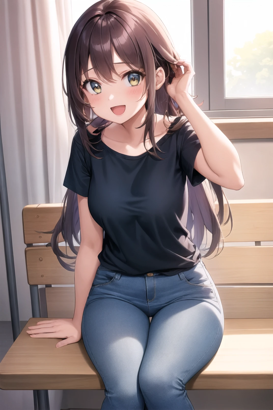 1girl, adjusting hair, indoors, long hair, sitting on a chair, tucked in t-shirt, jeans, curvy, :D,blush, <lora:adjusting_hair_v1:0.8>