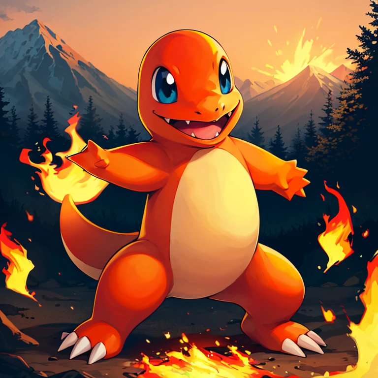 ((masterpiece,best quality)), absurdres,
<lora:Charmander_Pokemon:0.7>, Charmander_Pokemon,   flame-tipped tail, pokemon_\(creature\),
full_body, facing viewer, looking at viewer,
embers, explosion, fangs, swirling flames,
mountain, nature, no_humans,  outdoors,  sky, tree