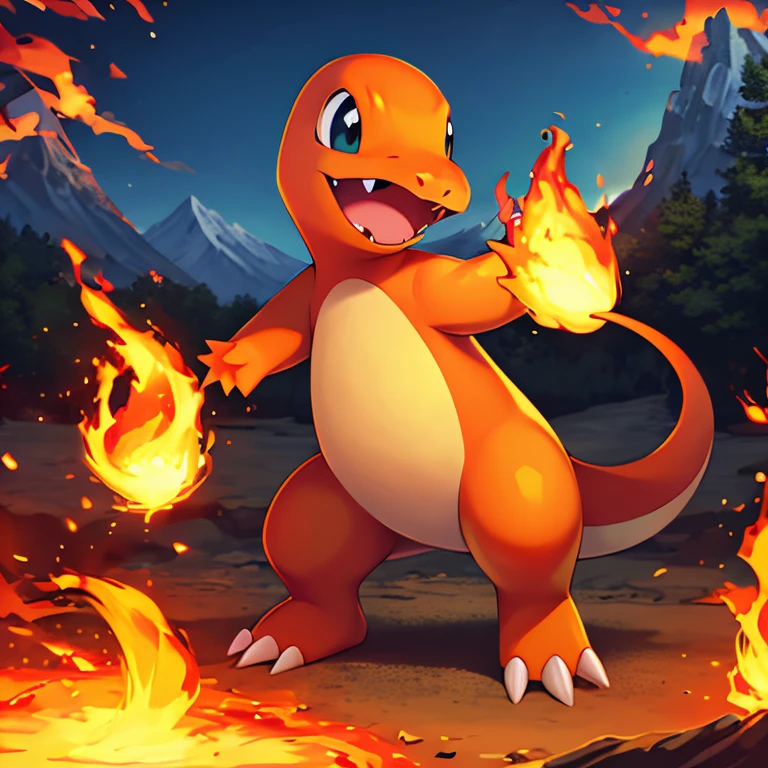 ((masterpiece,best quality)), absurdres,
<lora:Charmander_Pokemon:0.7>, Charmander_Pokemon, flame-tipped tail, pokemon_\(creature\),
full_body, facing viewer, looking at viewer,
embers, explosion, fangs, swirling flames,
mountain, nature, no_humans, outdoors, sky, tree
