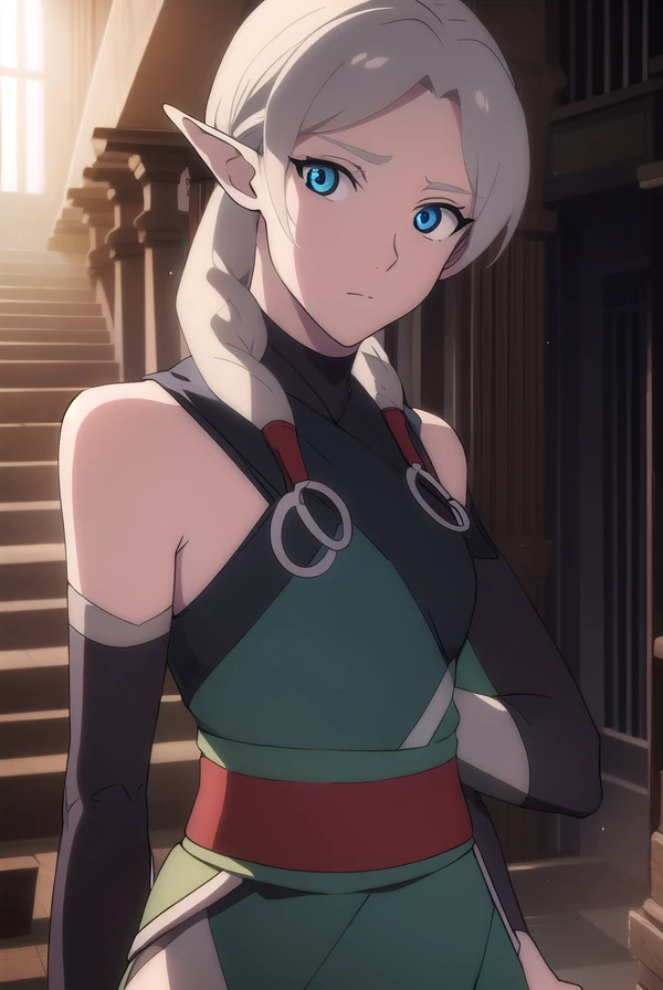 fymryn, <lora:fymrynv2-lora-nochekaiser:1>,
fymryn, blue eyes, grey hair, pointy ears, braid, hair braid, elf,
BREAK bare shoulders, sleeveless, pants, sash, toeless legwear, green dress,
BREAK looking at viewer,
BREAK outdoors,
BREAK <lyco:GoodHands-beta2:1>, (masterpiece:1.2), best quality, high resolution, unity 8k wallpaper, (illustration:0.8), (beautiful detailed eyes:1.6), extremely detailed face, perfect lighting, extremely detailed CG, (perfect hands, perfect anatomy),