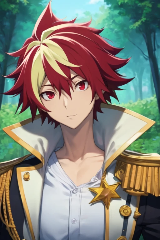 masterpiece, best quality, illustration, 1boy, solo, male focus, looking at viewer, upper body, , <lora:takuto_tsunashi:0.68>, takuto_tsunashi, red hair, red eyes, blonde hair, multicolored hair, two-tone hair, , steampunk,