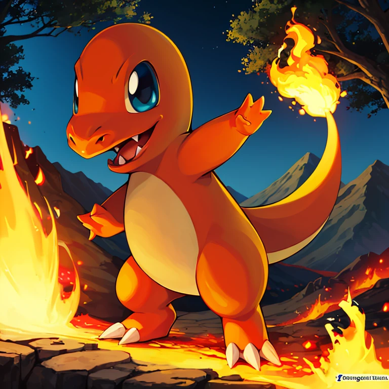 ((masterpiece,best quality)), absurdres,
<lora:Charmander_Pokemon:0.7>, Charmander_Pokemon, flame-tipped tail, pokemon_\(creature\),
full_body, facing viewer, looking at viewer,
embers, explosion, fangs, swirling flames,
mountain, nature, no_humans, outdoors, sky, tree