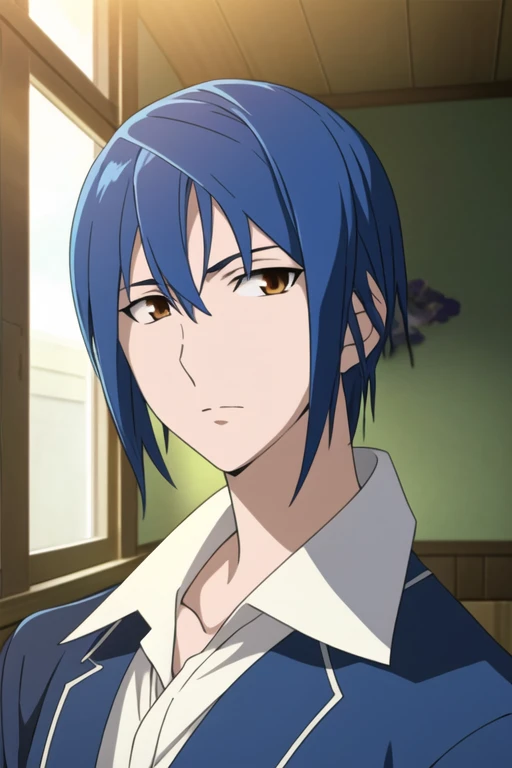 masterpiece, best quality, game cg, 1boy, solo, male focus, looking at viewer, upper body, , <lora:sugata_shindou:0.72>, sugata_shindou, blue hair, brown eyes
