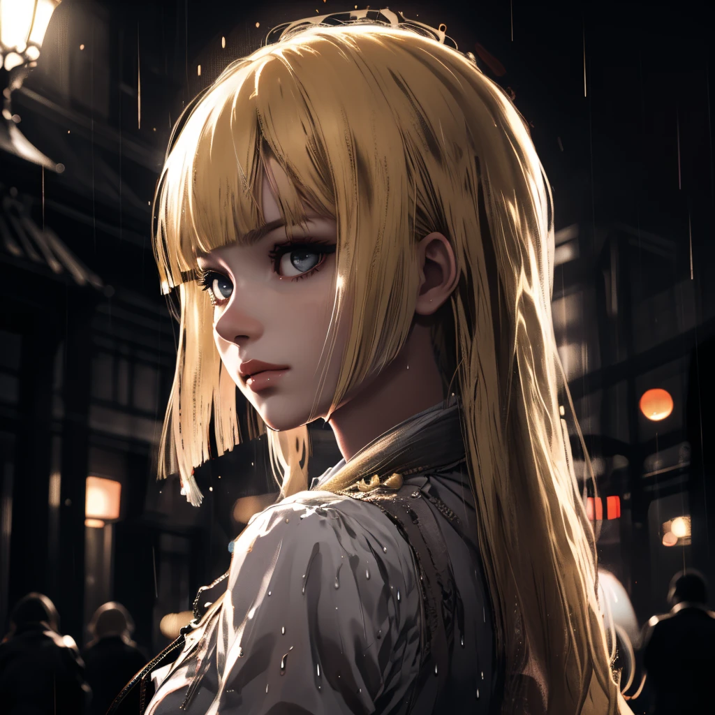 masterpiece, best quality, blonde hair,night, backlighting, rain, blunt bangs <lora:lily-000018:0.6> <lora:monochrome-000014:0.6>