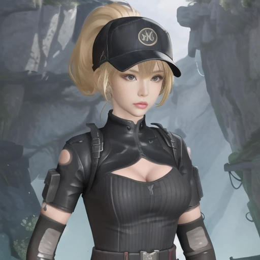 (masterpiece, best quality:1.2),illustration,8k,hd,1girl,solo,surreal,upper body,(portrait:1.2),blonde hair,ponytail,short hairgloves,fingerless gloves,breasts,hat,elbow gloves,pants,cleavage,bodysuit,belt,cleavage cutout,medium breasts,knee pads,gloves,elbow pads,clothing cutout,<lora:Maque-GR-V1:0.8>,