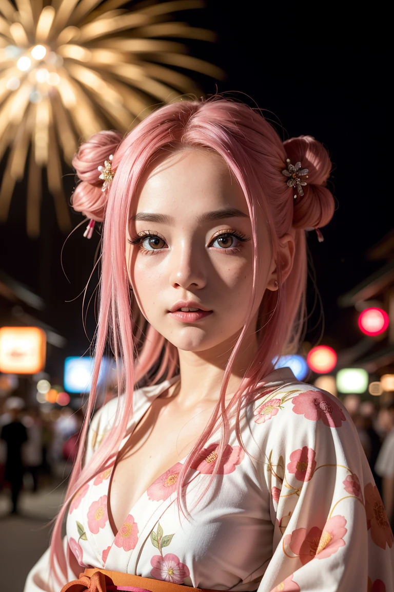 (incredibly absurdres, ultra-detailed,8k wallpaper),(masterpiece),(realistic),(photorealistic:1.2),(raw photo:1.2), (best quality:1.2), (detailed face :1.4),(beautiful detailed eyes :1.2),(detailed hair), pink hair, 18 years old girl, flirting on camera, in traditional japanese kimono, night, kyoto, fireworks,(beautiful,cute:1.4)