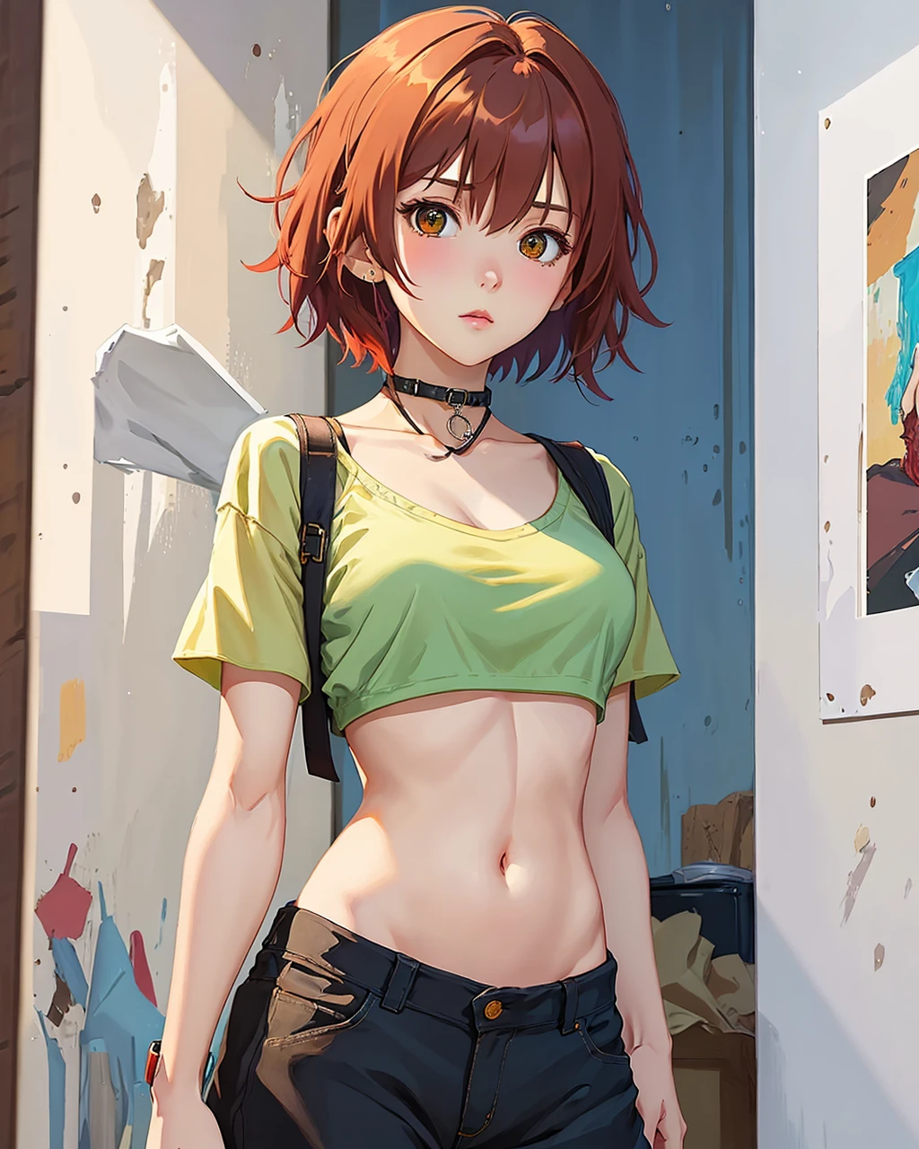 best quality,masterpiece,highly detailed,ultra-detailed,,
1gril, short hair,
Crop top , a short top that exposes the midriff
Art Gallery - chic and modern, with contemporary artwork and stylish decor.
