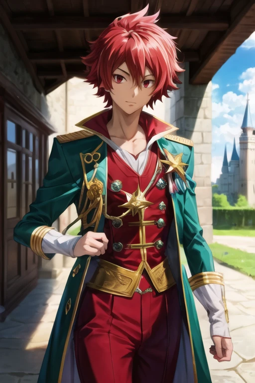 masterpiece, best quality, illustration, 1boy, solo, male focus, looking at viewer, , depth of field, <lora:takuto_tsunashi:0.64>, takuto_tsunashi, red hair, red eyes, , swashbuckler costume, The Castle of Shadows, 32k resolution