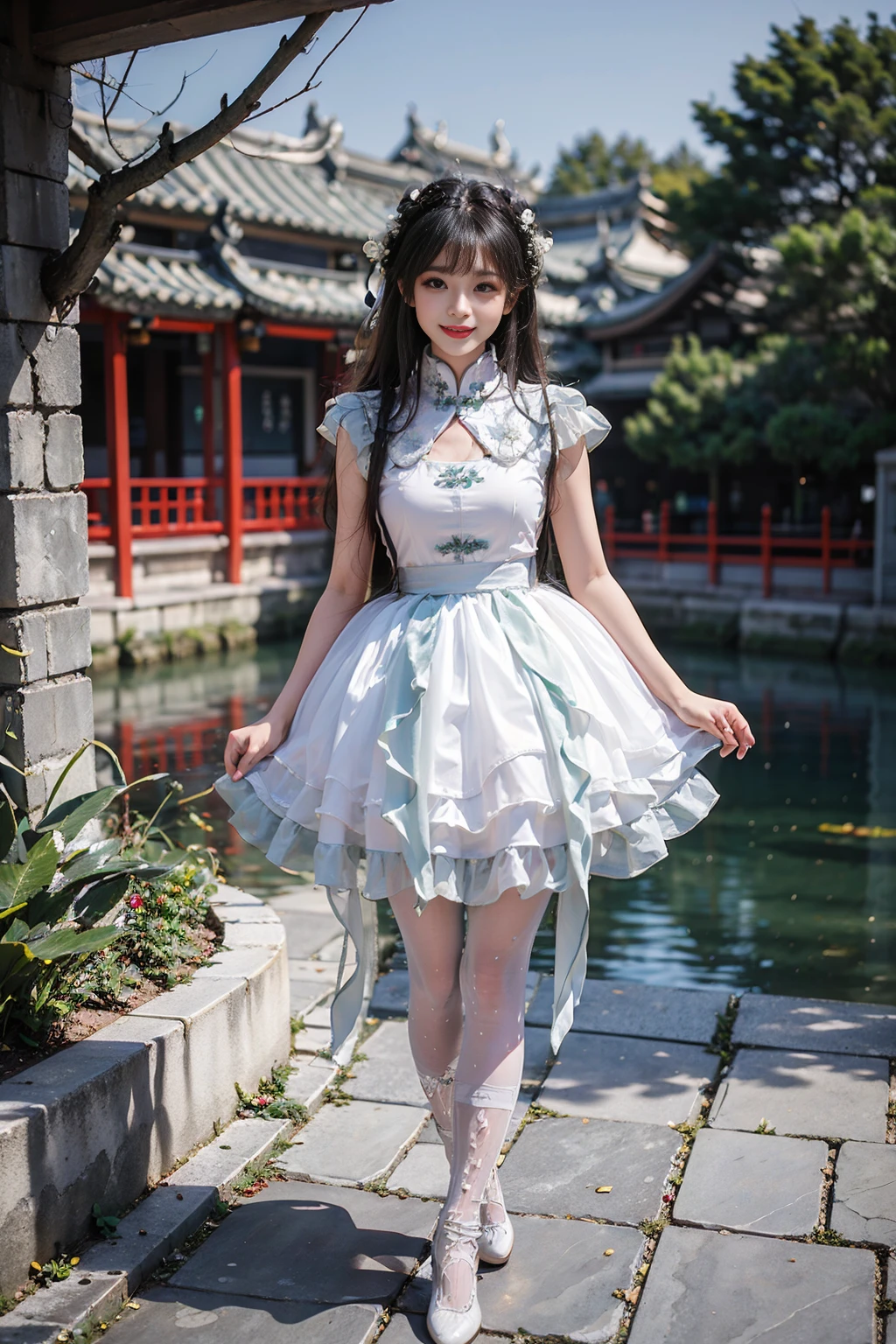 best quality, masterpiece, realistic, (photorealistic:1.4), 1girl, solo, full body, looking at viewer, smile, cns attire, white dress, pantyhose, detailed background, standing, chinese garden, water, <lora:cns_dress_style6_v2:0.7>