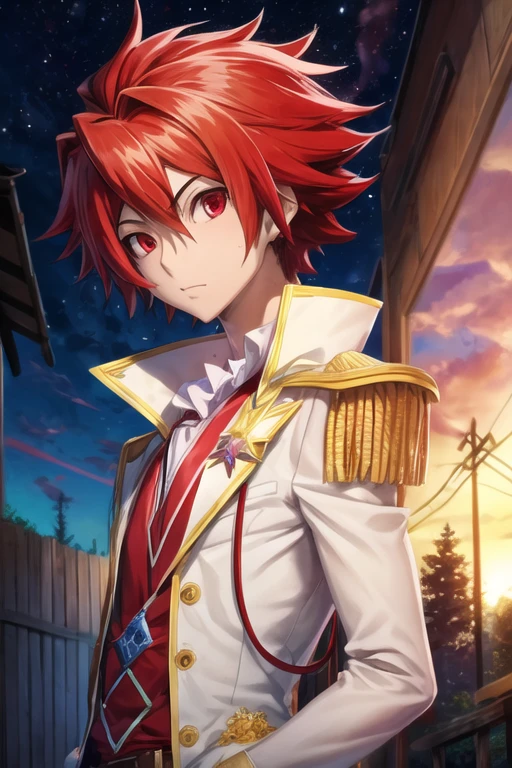 masterpiece, best quality, , 1boy, solo, male focus, looking at viewer, upper body, , <lora:takuto_tsunashi:0.70>, takuto_tsunashi, red hair, red eyes, , , , science fiction western,