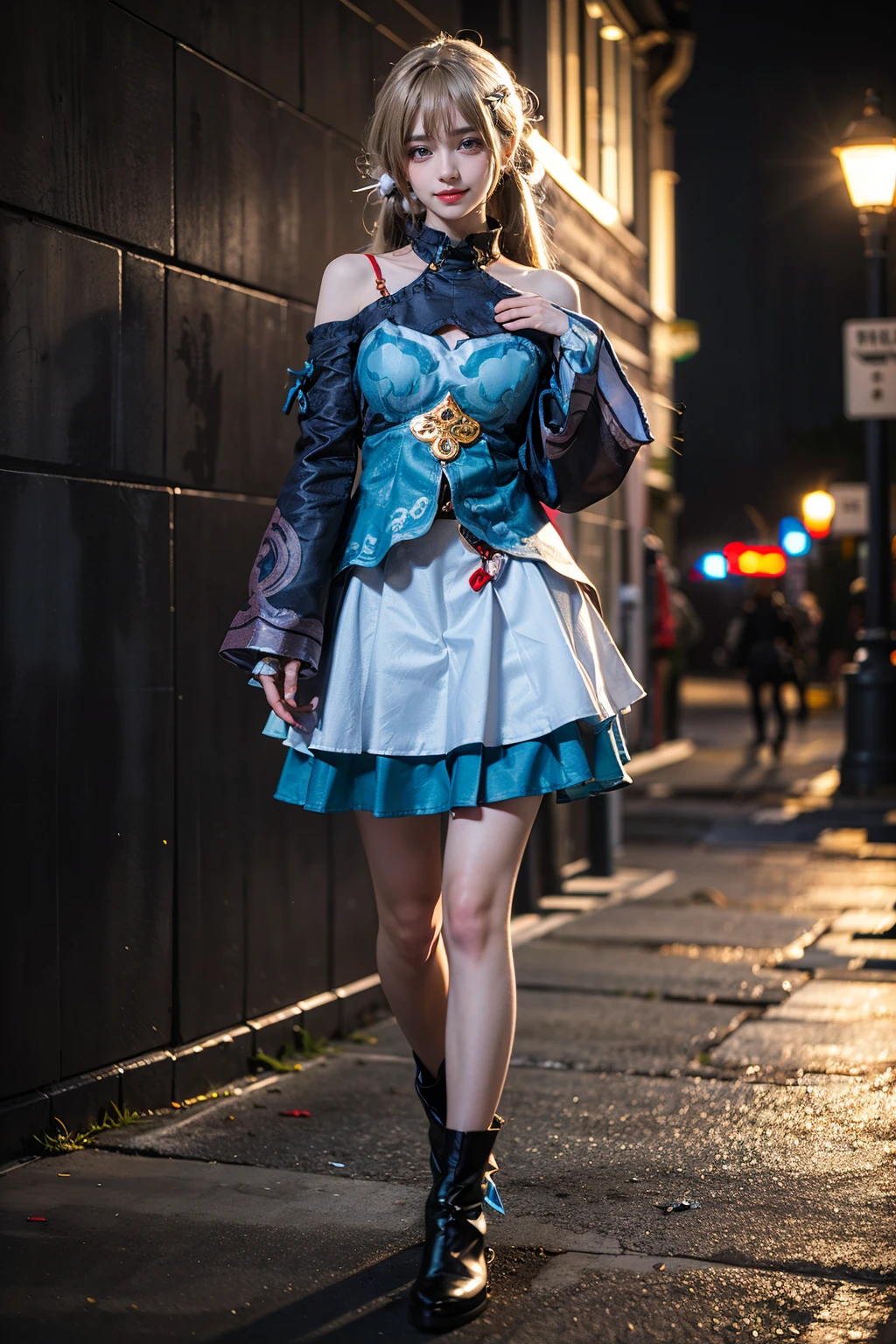 best quality, masterpiece, realistic, (photorealistic:1.4), 1girl, solo, full body, looking at viewer, smile, standing, qingque cosplay costume, cosplay, short dress, detached sleeves, hair ornament, hairclip, wide sleeves, ankle boots, hand up, simple background, wall, night, <lora:Honkai_StarRail_Qingque_costplay_costume_v1:0.65>