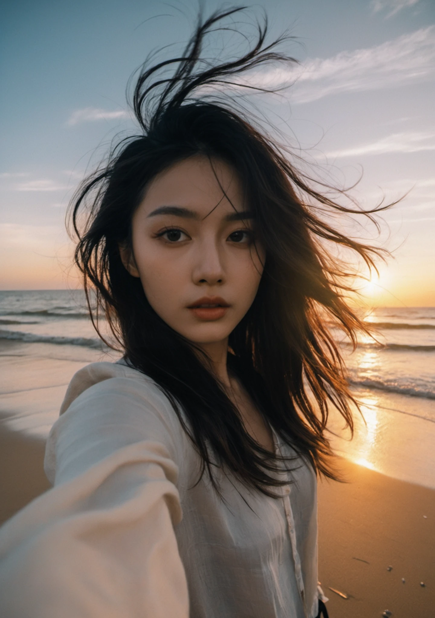 xxmix_girl,a woman takes a fisheye selfie on a beach at sunset, the wind blowing through her messy hair. The sea stretches out behind her, creating a stunning aesthetic and atmosphere with a rating of 1.2.