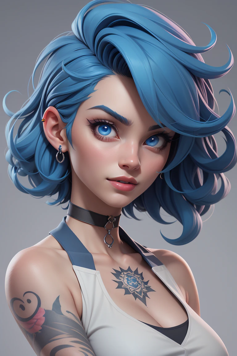 3dmm style,
(Masterpiece: 1.5), (Best Quality: 1.5),1girl, solo, tattoo, blue hair, breasts, choker, cleavage, makeup, grey background, simple background, parted lips, upper body, lips, blue eyes, realistic, short hair, collarbone, bare shoulders, lipstick, medium breasts, nose, eyeshadow, ultra-high details, perfect face, perfect eyes, subsurface scattering,3D realistic work, ultra high detail, 4k, octane rendering