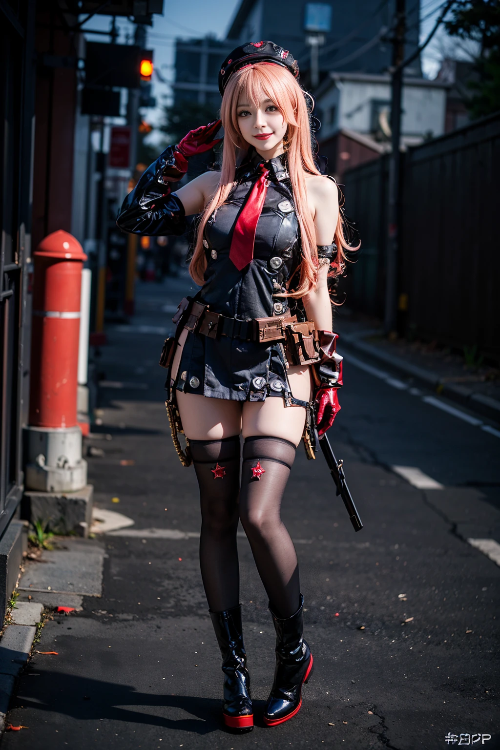 best quality, masterpiece, realistic, (photorealistic:1.4), 1girl, solo, full body, looking at viewer, smile, standing, rapi cosplay costume, cosplay, ammunition belt, bullet, hat, necktie, gloves, thighhighs, boots, bare shoulders, detailed background, wall, night, <lora:nikke_rapi_cosplay_costume_v1:0.7>