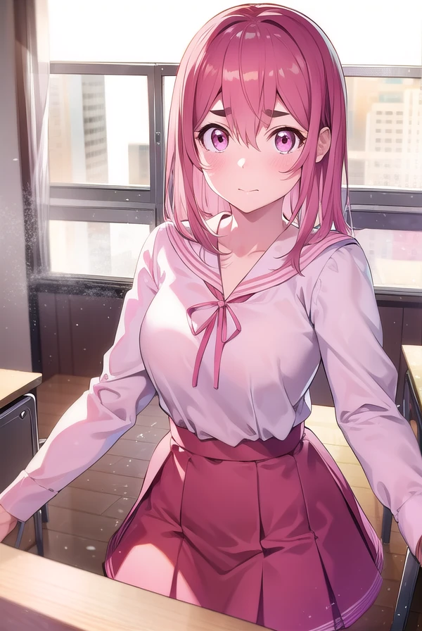 sumisakurasawa, <lyco:sumisakurasawa-lyco-nochekaiser:1>,
sumi sakurasawa, bangs, (pink eyes:1.5), hair between eyes, pink hair, braid, hair bow, thick eyebrows,
BREAK skirt, shirt, long sleeves, bow, ribbon, school uniform, white shirt, serafuku, sailor collar, red ribbon, neck ribbon, red skirt, white sailor collar,
BREAK looking at viewer,
BREAK indoors, classroom,
BREAK <lyco:GoodHands-beta2:1>, (masterpiece:1.2), best quality, high resolution, unity 8k wallpaper, (illustration:0.8), (beautiful detailed eyes:1.6), extremely detailed face, perfect lighting, extremely detailed CG, (perfect hands, perfect anatomy),
