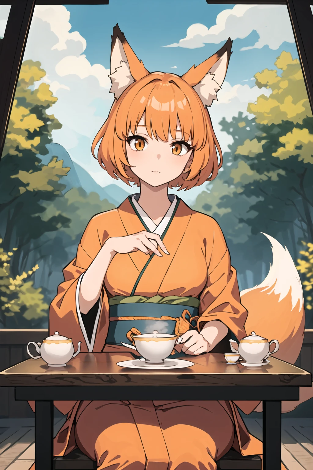 masterpiece, best quality, 1girl, short orange hair, bangs, fox ears, orange kimono, table, tea, majestic forest, lush clouds