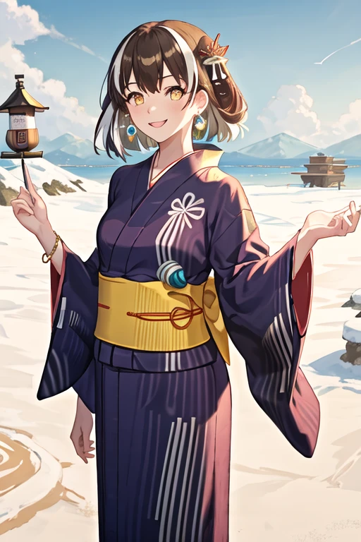 best quality, masterpiece, highres, solo, {yukata:1.40}, {kimono:1.20}, {magallan_arknights:1.15}, multicolored_hair, streaked_hair, short_hair, white_hair, brown_hair, yellow_eyes, smile, jewelry, earrings, upper_body, bangs, hair_between_eyes