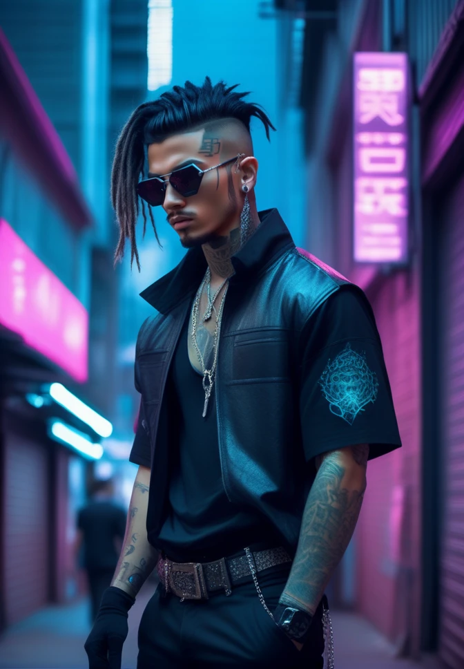 mysterious, fantasy,1boy, arm tattoo, belt, black gloves, black hair, black pants, black shirt, blurry, blurry background, building, chain, city, closed mouth, cowboy shot, cyberpunk, cyberpunk style, dark-skinned male, dark skin, depth of field, dreadlocks, earrings, fingerless gloves, gloves, jewelry, male focus, neck tattoo, night, outdoors, pants, piercing, shirt, short hair, short sleeves, solo, standing, sunglasses, tattoo
<lora:sdxl_cyberpunk:0.65>