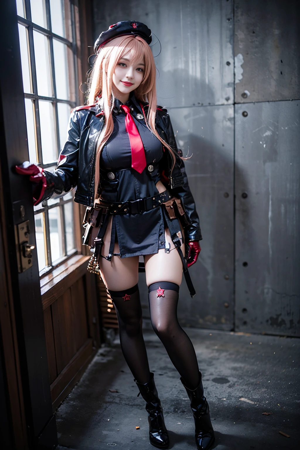 best quality, masterpiece, realistic, (photorealistic:1.4), 1girl, solo, full body, looking at viewer, smile, standing, rapi cosplay costume, cosplay, ammunition belt, jacket, bullet, hat, necktie, gloves, thighhighs, boots, detailed background, wall, night, <lora:nikke_rapi_cosplay_costume_v1:0.7>