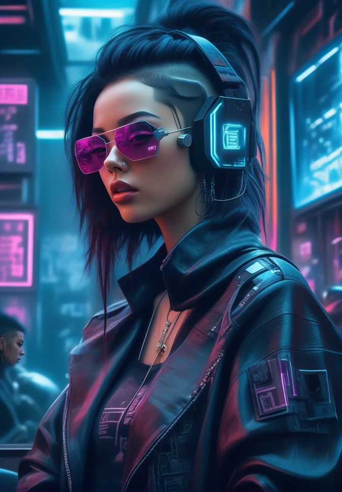 1girl, black hair, black jacket, cyberpunk, cyberpunk style, headphones, indoors, jacket, jewelry, leather, leather jacket, lips, long hair, looking at viewer, necklace, nose, open clothes, open jacket, parted lips, realistic, shirt, solo, solo focus, upper body, mysterious, fantasy
<lora:sdxl_cyberpunk:0.65>