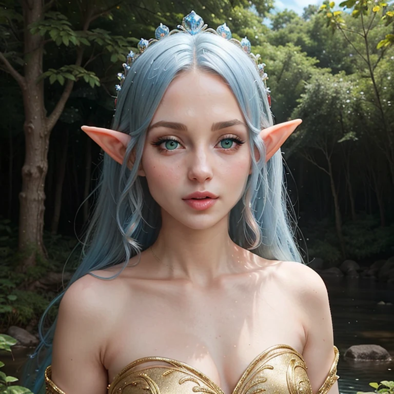 beautiful adult elf woman, fullbody, clearing, sky, nature, princess crown, closeup portrait, blue hair