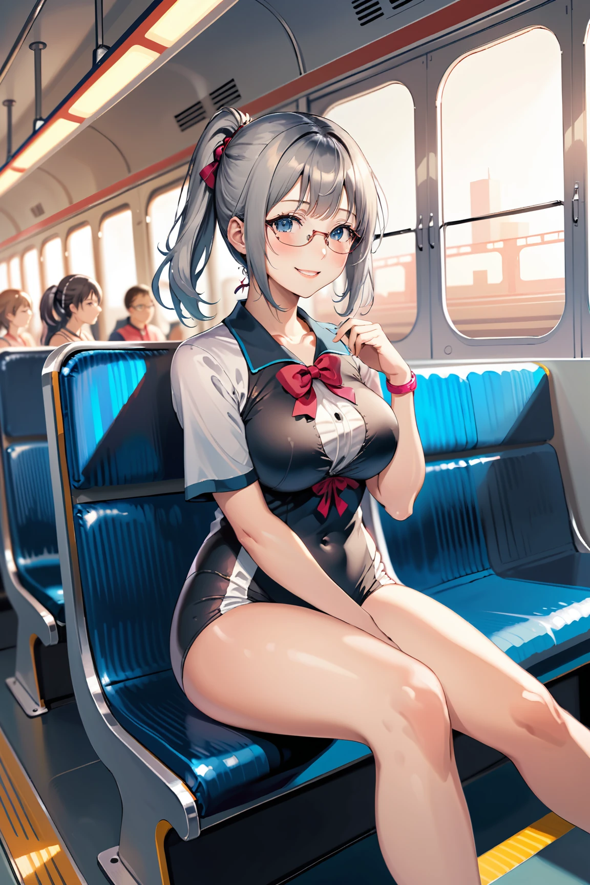 Yukimikan、white hair、Colossal tits、angry looking face、With name Navy blue school swimsuit、Semen Beige pleated skirt、Black fishnet stockings、white boots、A slender、is standing Armpit、Inside the bus