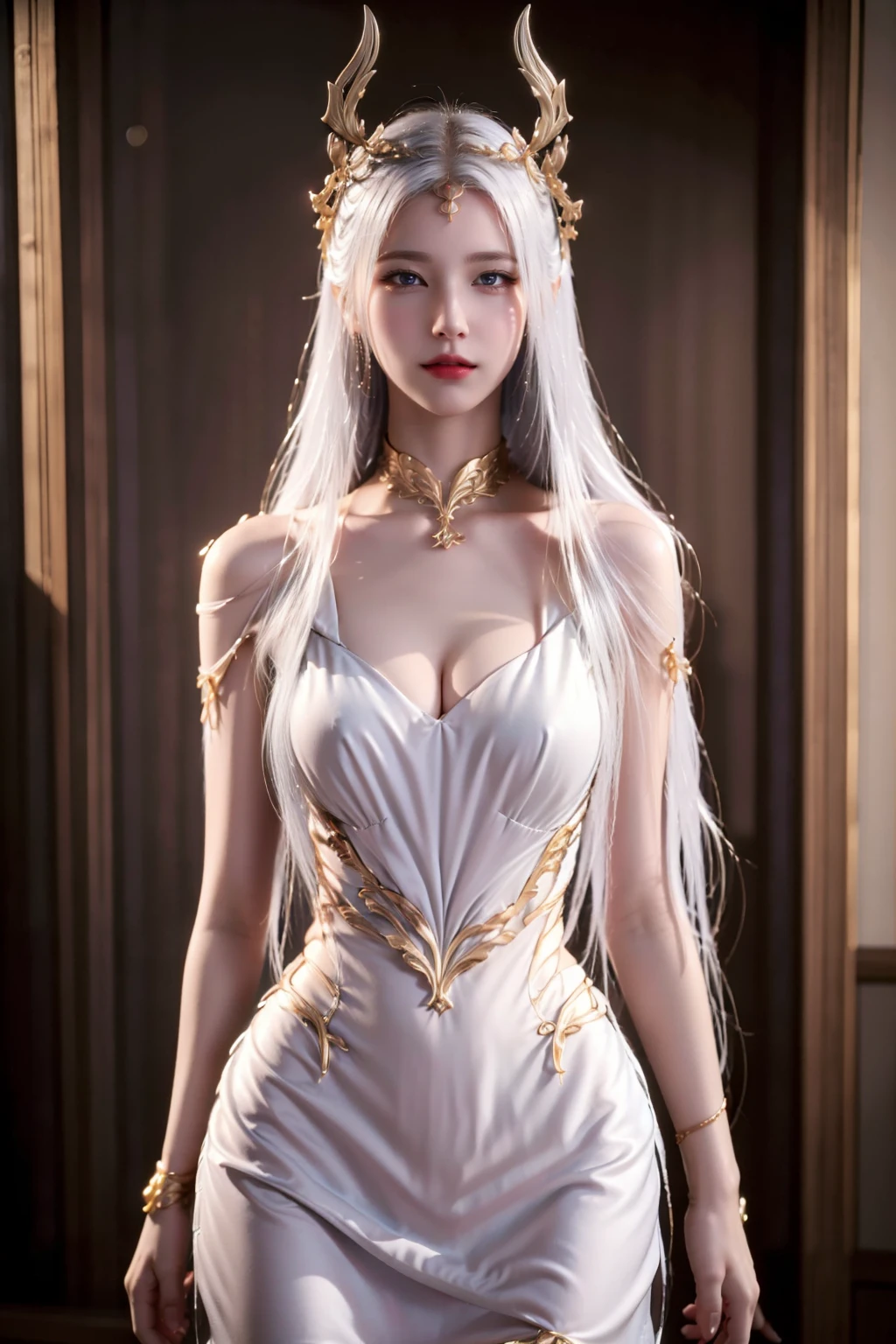 (nude:1.3),face lighting,bright backlight,medium breasts,super high resolution,best quality,Photos,4k,(Realistic:1.2),Bo Saixi,1girl,white hair,extra long hair,golden hair accessories,blue eyes,smile,slender_waist,thigh,full_shot,<lora:Bo Saixi_20:1.1>,