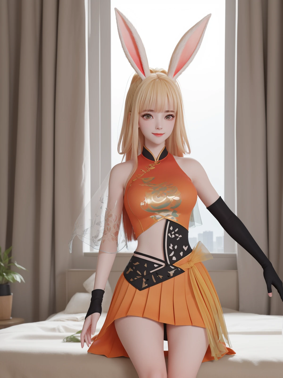 WZRYgongsunliGF,1girl,solo,rabbit ears,see-through,long hair,orange skirt,looking at viewer,black gloves,bangs,pleated skirt,ponytail,blonde hair,cityscape,night,mature female,cowboy shot,puffy sleeves,clothing cutout,  <lora:WZRYgongsunliGFii-000005:0.7>, light smile,sitting, bed,