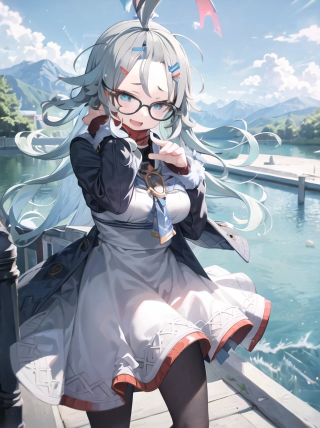 1girl, himekimeru, portrait, glasses, standing, open mouth, smile, looking at viewer, dress, pantyhose, river, mountain <lora:himeki_meru-000003:0.8>
