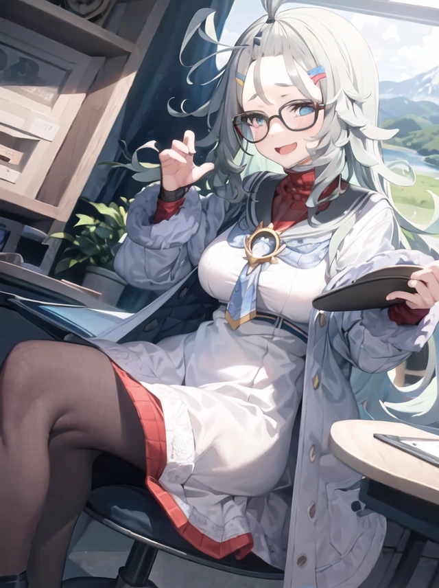 1girl, himekimeru, portrait, glasses, standing, open mouth, smile, looking at viewer, dress, pantyhose, river, mountain <lora:himeki_meru-000003:0.8>