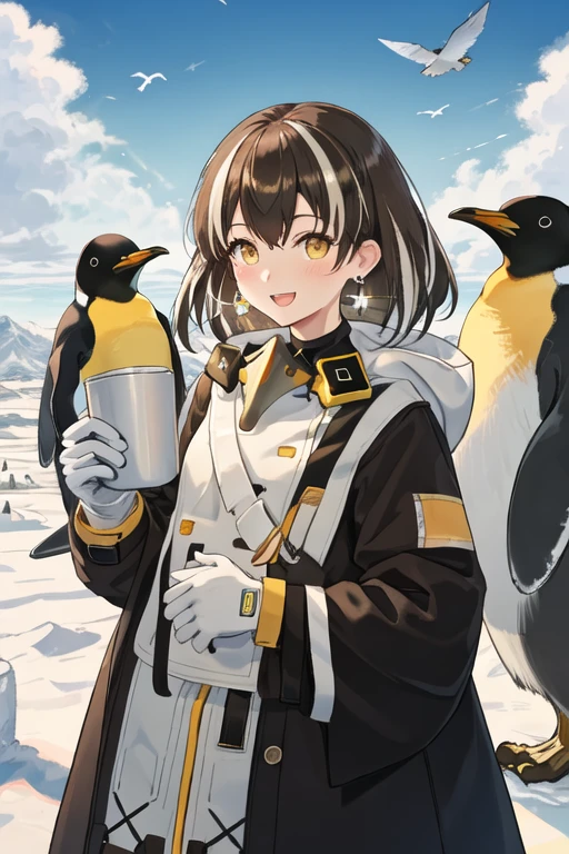 best quality, masterpiece, highres, solo, {magallan_arknights:1.15}, multicolored_hair, streaked_hair, short_hair, white_hair, brown_hair, yellow_eyes, smile, jewelry, earrings, upper_body, bangs, hair_between_eyes, 1girl, animal, bird, blush, coat, gloves, long_sleeves, looking_at_viewer, mask, mask_around_neck, outdoors, penguin, sky, white_gloves, bird_mask, blue_sky, cloud, day, holding, :d, holding_animal, open_mouth