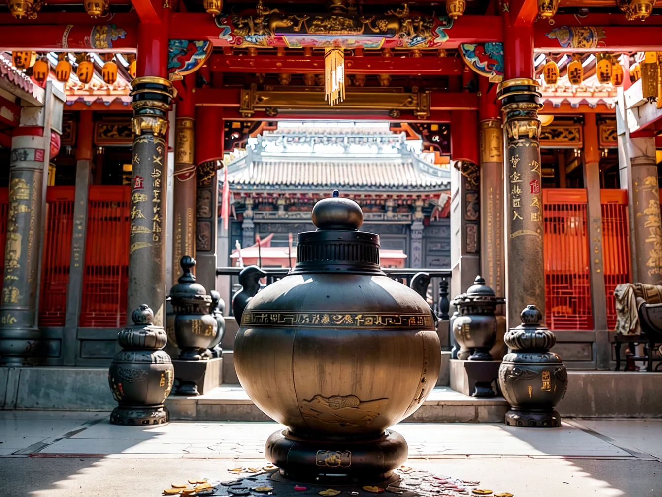 best quality, masterpiece, <(realistic:1.3), intricate details>, (((building))), photorealistic, ornate Taiwanese temple paifang, taiwanese_temple, <lora:taiwanese_temple_first-ver:1>, a large taiwanese_temple black incense burner in front of temple