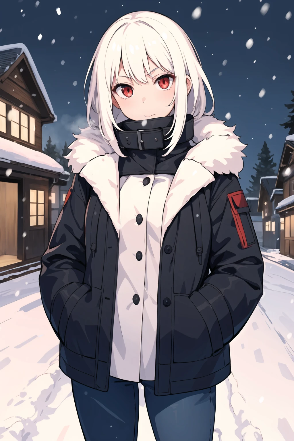 masterpiece best quality, 1girl, red eyes, white hair, looking at viewer, hands in pockets, snow, winter, fur jacket, collar, hood, breath, [houses]