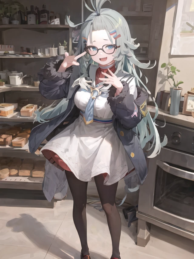 1girl, himekimeru, portrait, glasses, standing, open mouth, smile, looking at viewer, dress, pantyhose, river, mountain <lora:himeki_meru-000003:0.8>