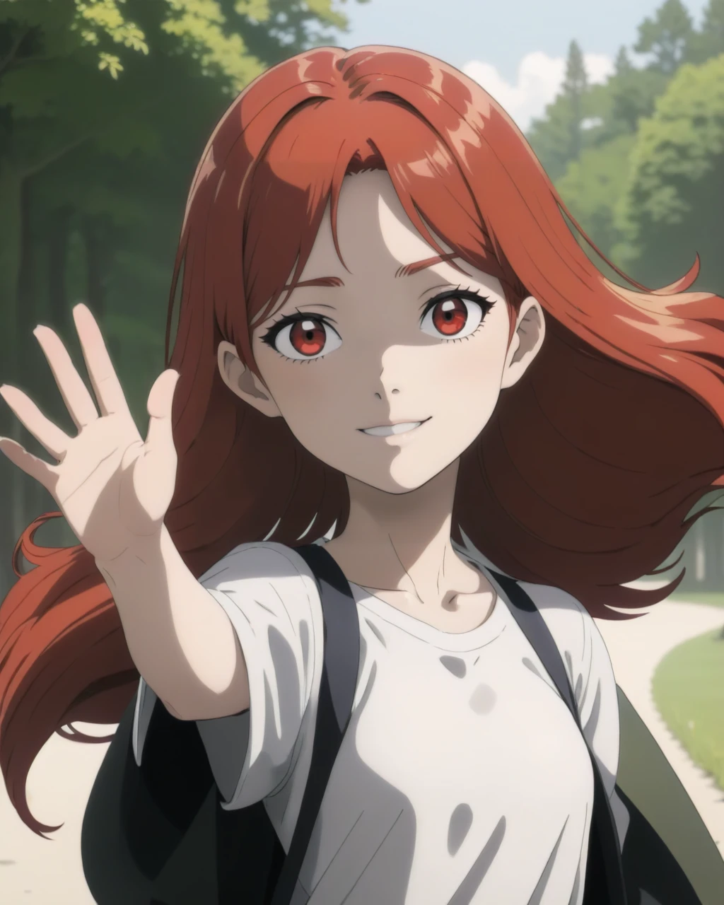 1girl, red hair, waving, masterpiece, best quality,
