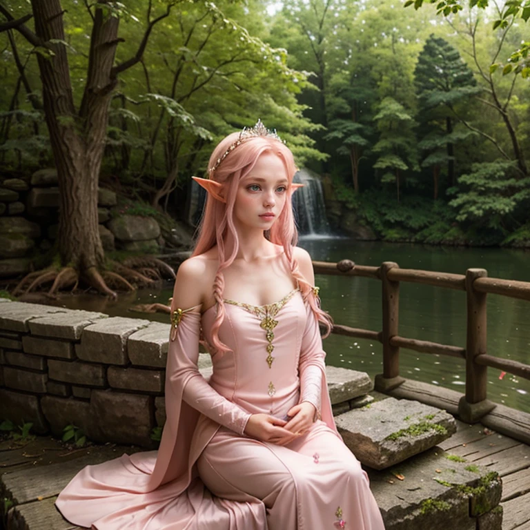 beautiful pink-haired elf woman, (outdoor photography:1.3), princess diadem