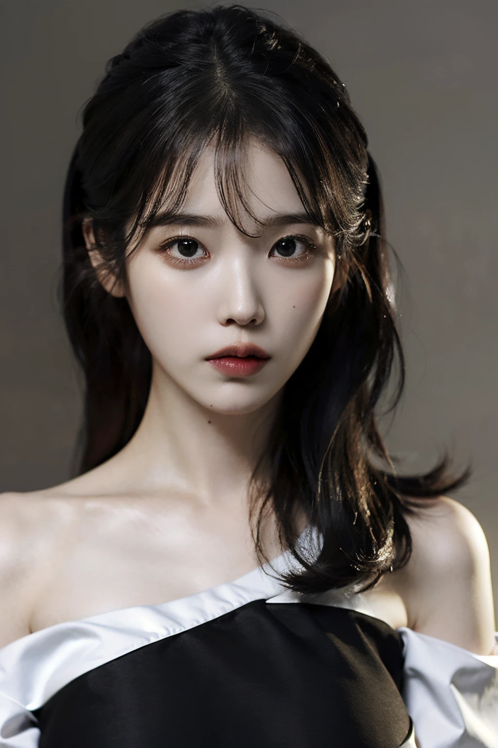 Best quality, masterpiece, ultra high res, (photorealistic:1.4), raw photo,1girl, solo, realistic, lips, black hair, looking at viewer, black eyes, teeth, long hair, hair over one eye, parted lips, nose, close-up, brown hair, simple background, brown eyes, black dress, off shoulder