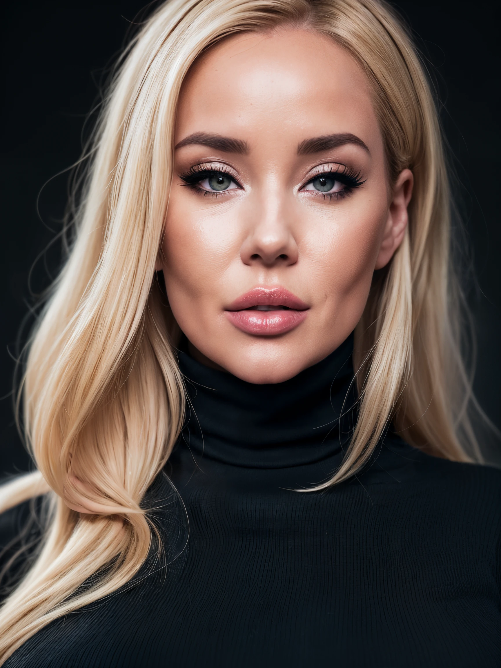 closeup headshot, RAW photo of a sexy blonde woman, savbond, simple background, (wearing a turtleneck jumper:1.2) , 150mm professional photography, full detail, detailed face, 8k uhd, dslr, soft lighting, high quality, film grain, Fujifilm XT3, dark theme <lora:LowRA:0.3>