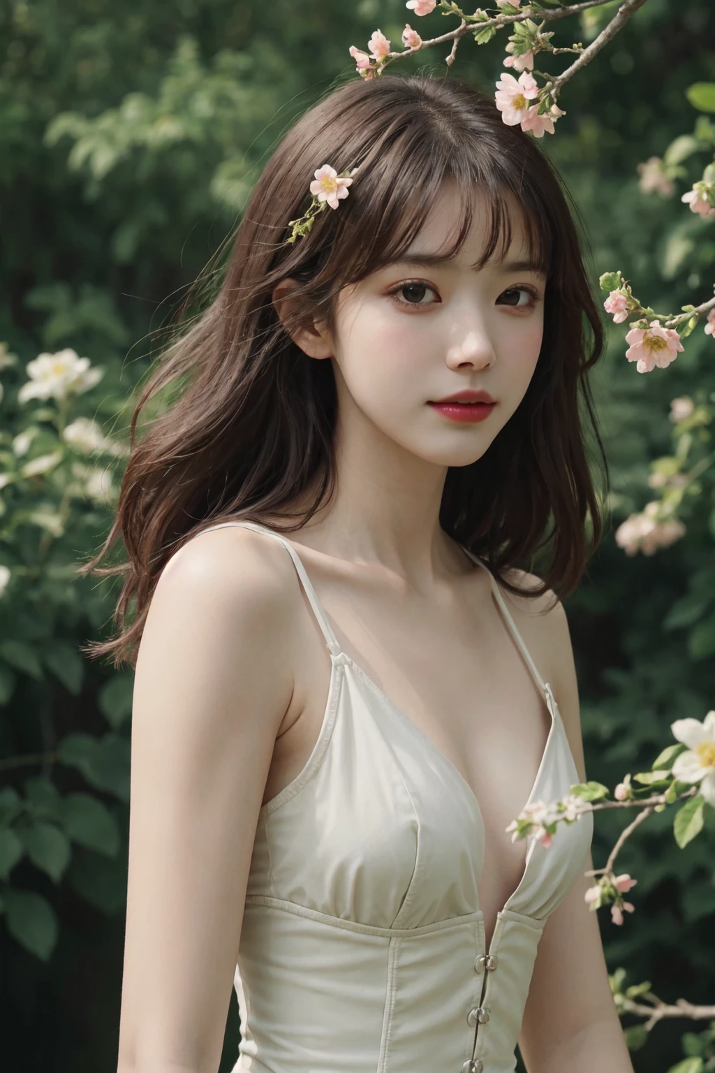 1girl, solo, Sense of advanced,
garden,Colorful flowers,There are many scattered luminous petals,Hidden in the light yellow flowers,Depth of field,Many flying drops of water,Many scattered leaves,branch ,angle ,contour deepening,cinematic angle,
upper body,bangs,crooked head,(laugh:0.5),
corset,