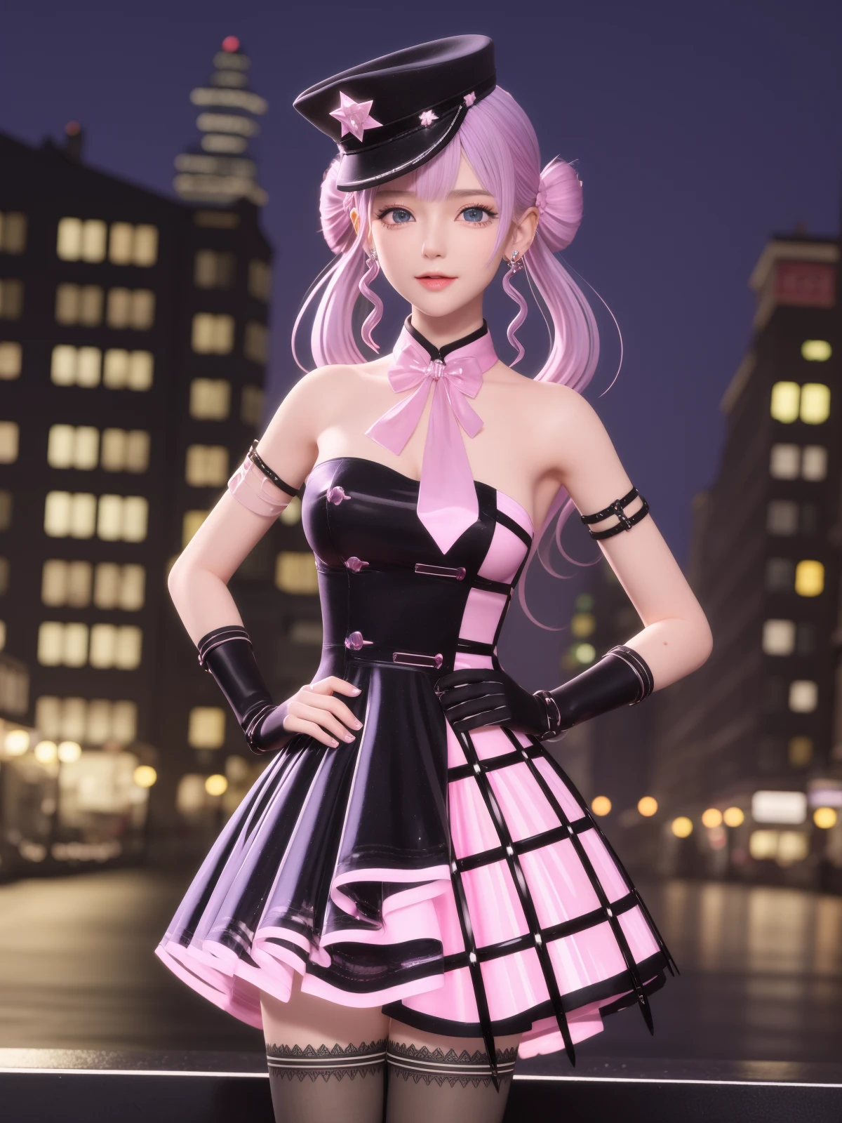 SYNNYWZY,1girl, solo,hat, thighhighs, blue eyes, twintails, jewelry,earrings, looking at viewer, very long hair, black fingerless gloves,pink hair, mature female, cityscape, night, cowboy shot, dress, <lora:SYNNYWZYi-000006:0.75>,hands on hips,