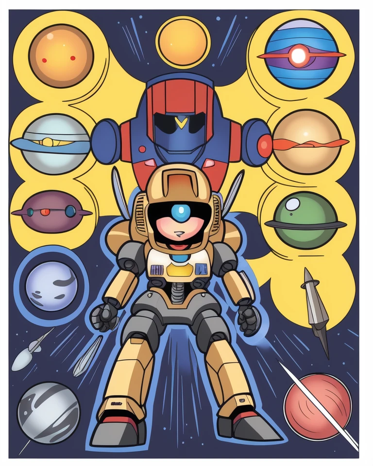 <lora:PHIWIQU:0.5> , robot, cyclops, vector graphics, drill, grabber, yellow, 1980s \(style\), poster \(medium\), Solar System Squadron GULDAN