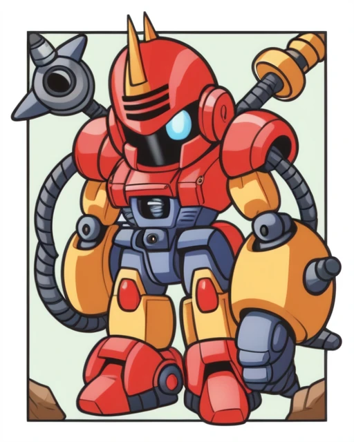 <lora:PHIWIQU:0.5> , robot, cyclops, vector graphics, drill, grabber, red, 1980s \(style\), poster \(medium\), toy package