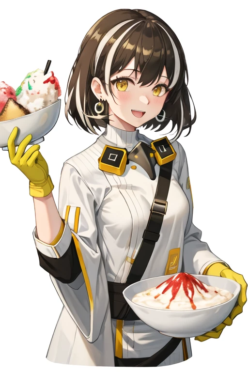 best quality, masterpiece, highres, solo, {magallan_arknights:1.15}, multicolored_hair, streaked_hair, short_hair, white_hair, brown_hair, yellow_eyes, smile, jewelry, earrings, upper_body, bangs, hair_between_eyes, 1girl, headband, shirt, nejiri_hachimaki, official_alternate_costume, long_sleeves, white_shirt, hachimaki, holding, looking_at_viewer, bowl, gloves, white_gloves, food, holding_bowl, open_mouth, shaved_ice, white_background