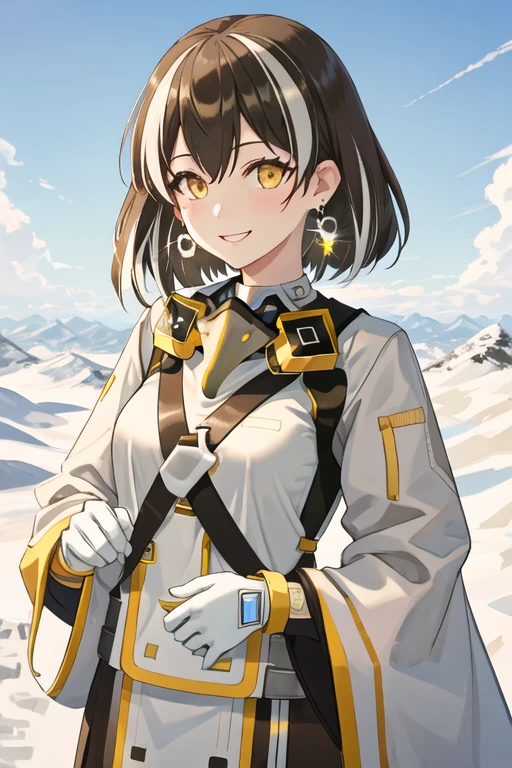 best quality, masterpiece, highres, solo, {magallan_arknights:1.15}, multicolored_hair, streaked_hair, short_hair, white_hair, brown_hair, yellow_eyes, smile, jewelry, earrings, upper_body, bangs, hair_between_eyes